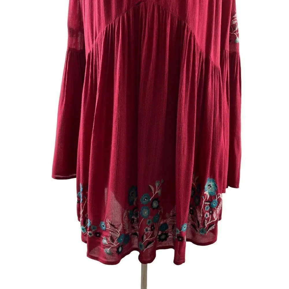 Free People Te Amo Embroidered Mini Dress Red XS Flared Sleeve Flowy Oversized